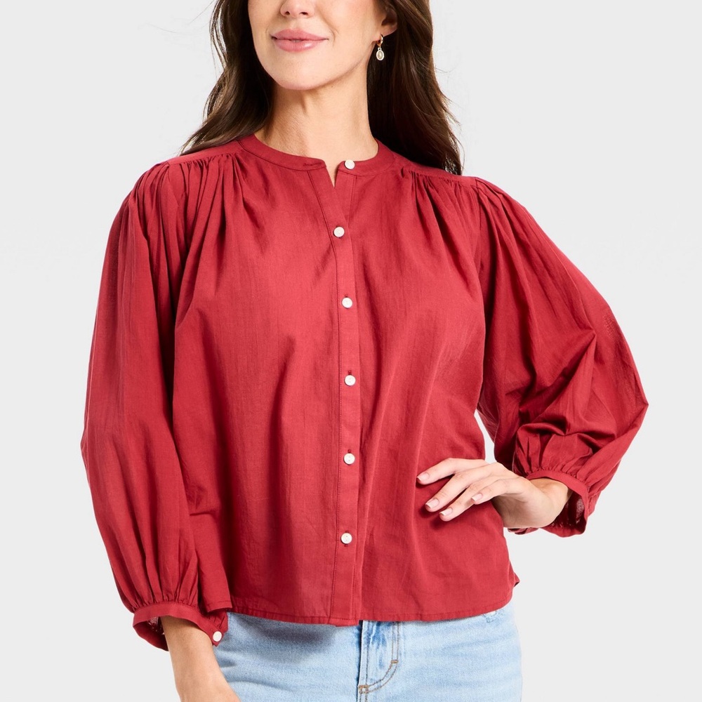 Women's Puff Long Sleeve Banded Collar Neck Blouse.    Red.  M